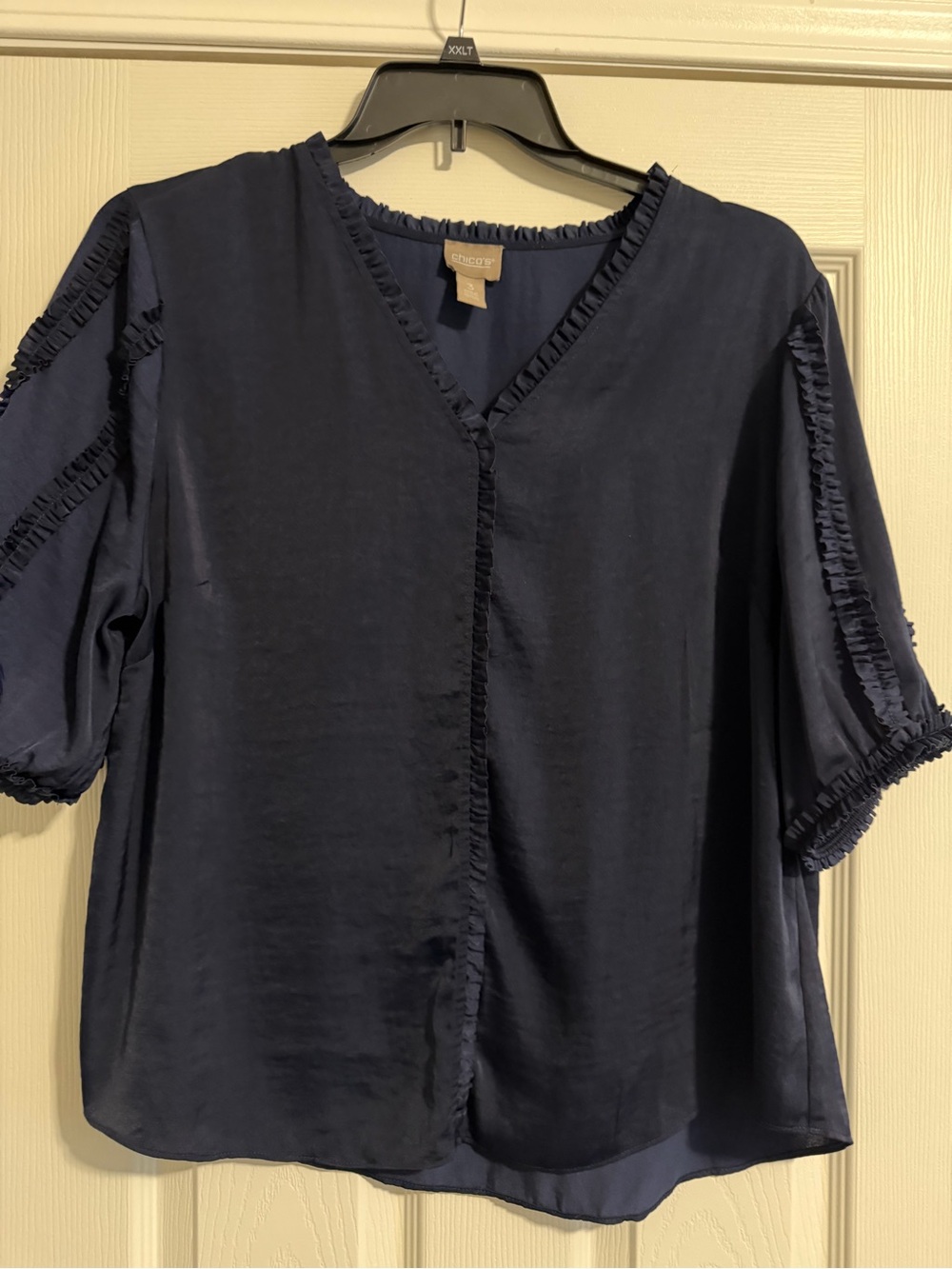 Chico’s Navy Ruffle-Trim V-Neck Blouse - Women
